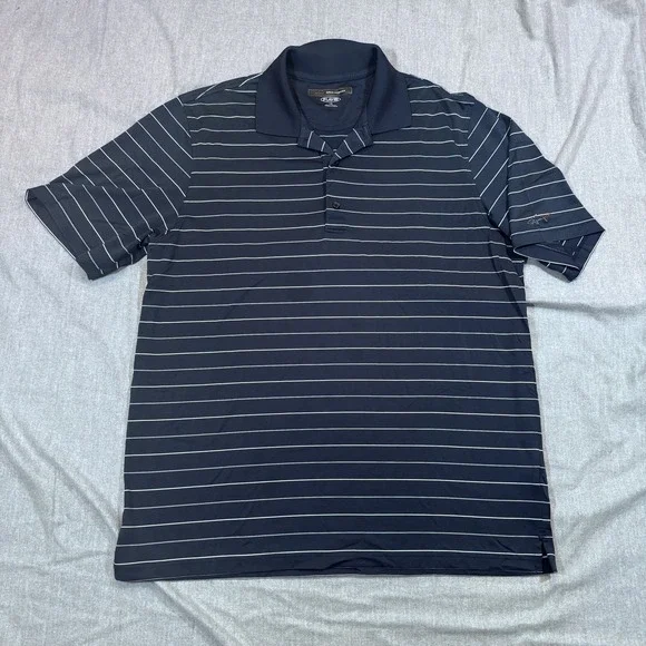 Greg Norman Shirt Mens Large Polo Navy Blue Striped Play Dry Golf Performance - Picture 1 of 9